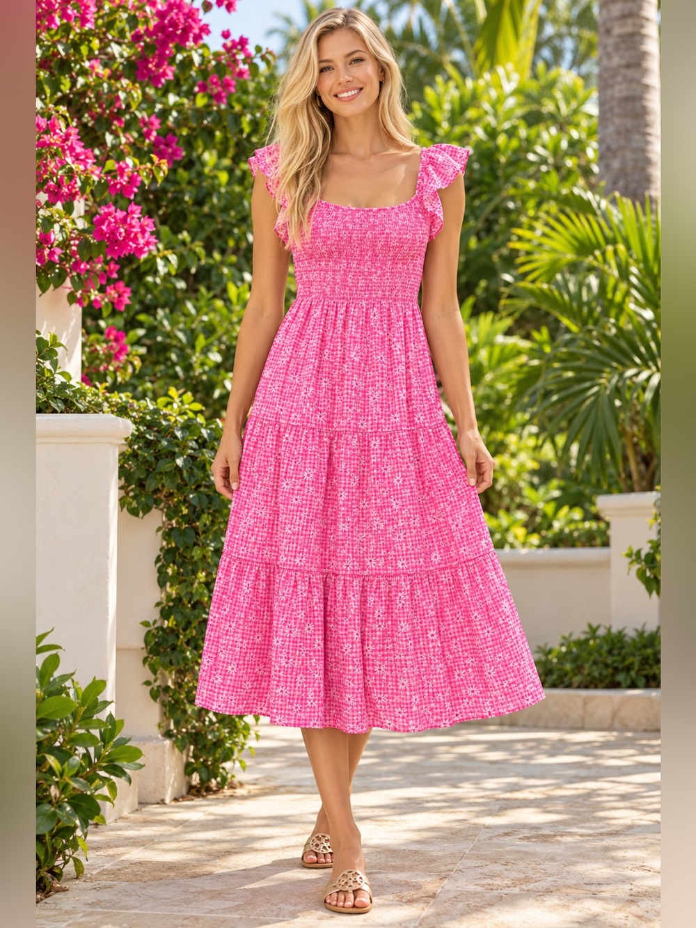 Pulitzer Jilly Smocked Midi Dress Aura Pink Check You Out Size Medium